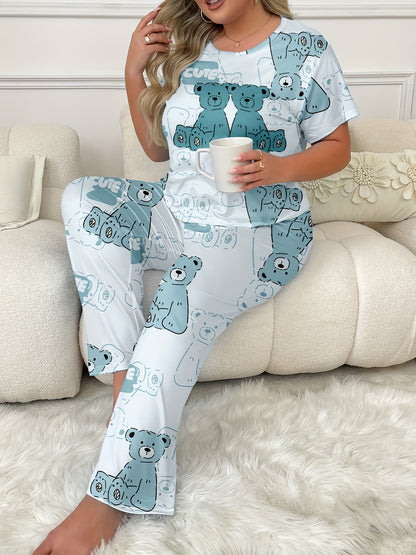 Plus size teddy bear print pajama set for women with round neck, short sleeve, and long pants. Comfortable loungewear for spring/summer/fall.