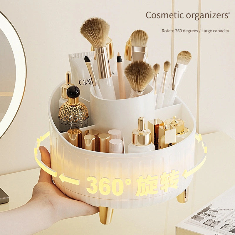 Stylish minimalist desktop makeup organizer rotates 360° with large capacity, 3 color options, and sturdy golden base. Holds lipsticks, lotions, pencils, and brushes with 7 large slots for