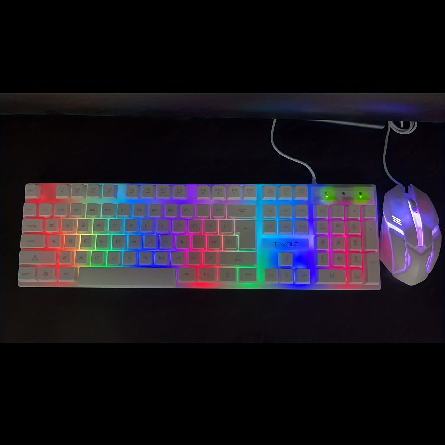 LED-lit wired keyboard and mouse set with mechanical feel for gaming and office use.