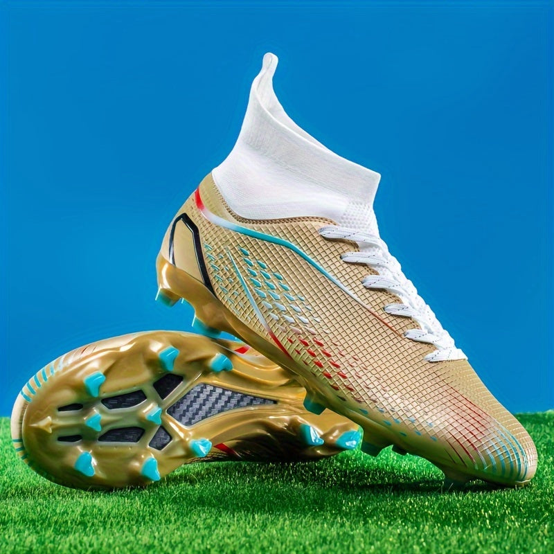 Durable turquoise and orange football cleats with TPU studs for superior grip, breathable lining, and EVA cushioning. Perfect for boys and girls in training and matches, competitive soccer.