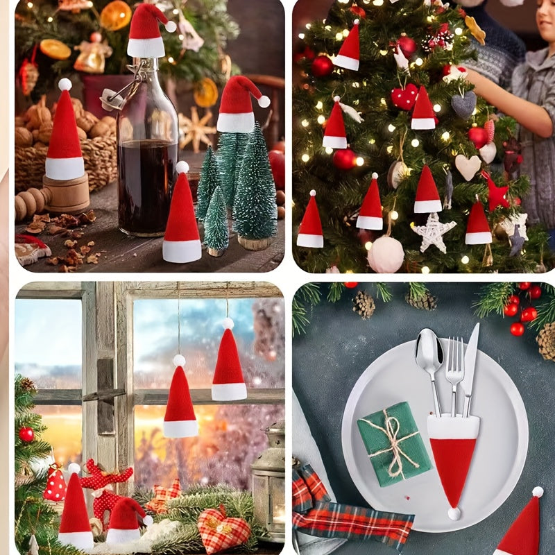 12-Piece Christmas Table Decoration Set includes Chambray Santa Hat Cutlery Holders and Bottle Toppers, Mini Santa Hats for Festive Party Table Décor, Feather-Free, No Electricity Needed Holiday Ornaments.