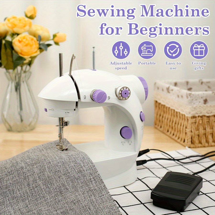 MOOYE Mini Electric Sewing Machine in White with Purple Accents, European Voltage. Includes Accessories and Beginner Crafting Tool. Perfect for Home Use.