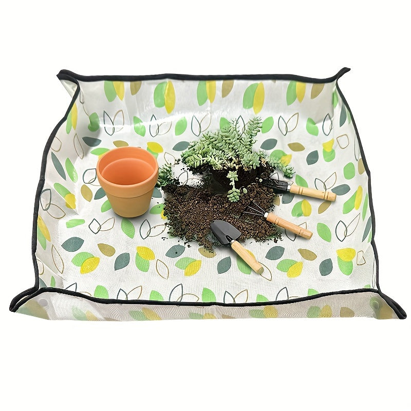 Thick PE potting mat for indoor gardening, foldable and portable, waterproof with soil mixing tool. Ideal for succulents and green plants. Available in 4 sizes. Perfect for balcony