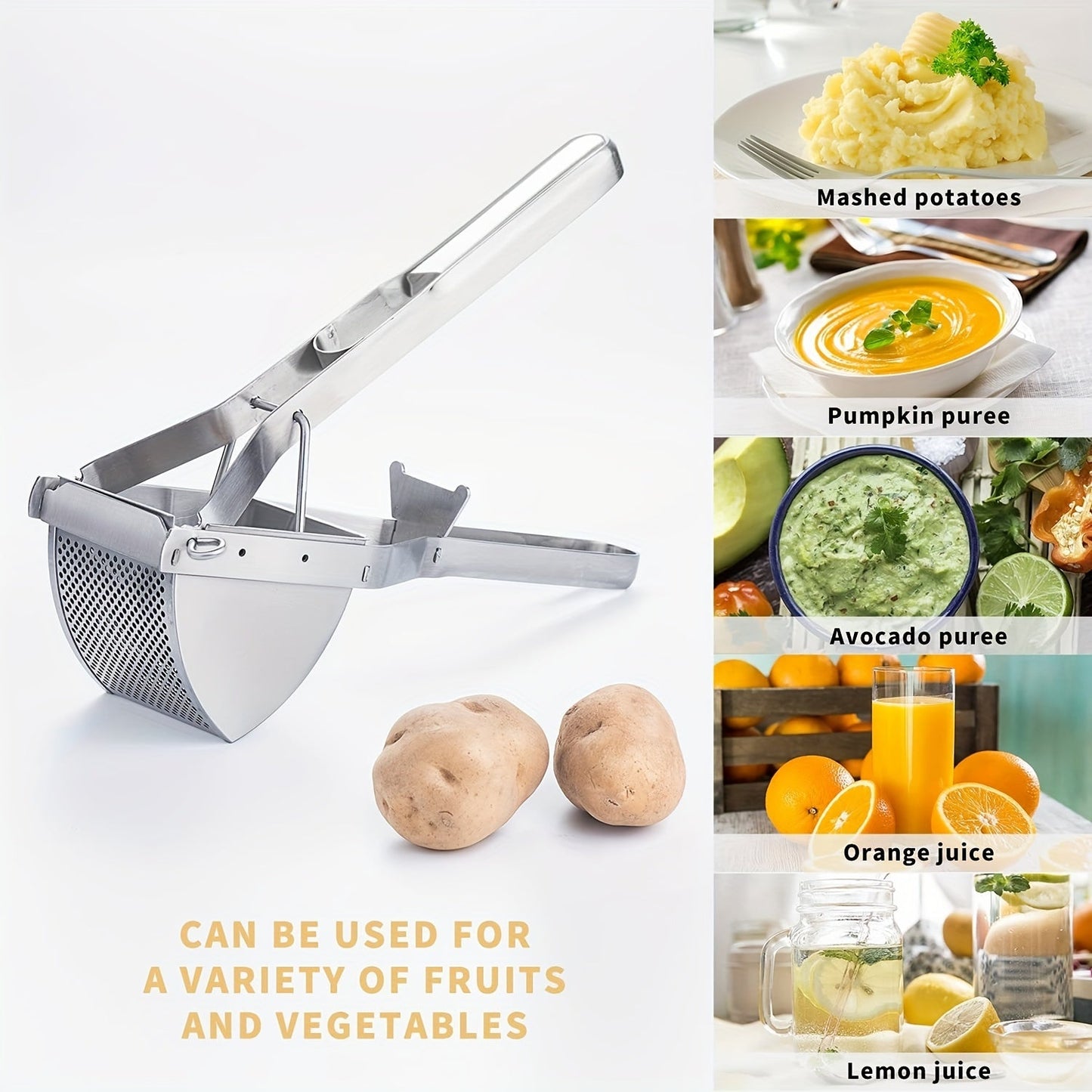 1 piece of Stainless Steel Potato Masher with Non-Slip Handle - Manual Fruit and Vegetable Crusher for the Kitchen - Potato Ricer and Press - Kitchen Gadgets and Tools