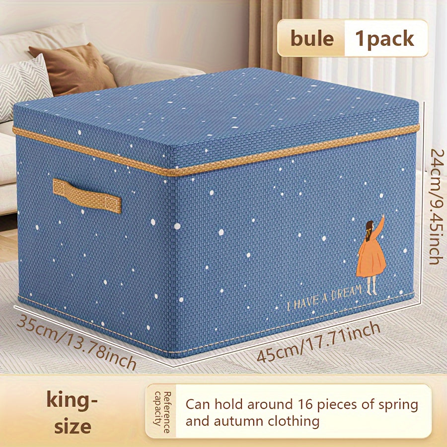 Stylish foldable fabric storage box with lid. Ideal for clothes, toys, and home organization in bedroom, living room, or dorm.