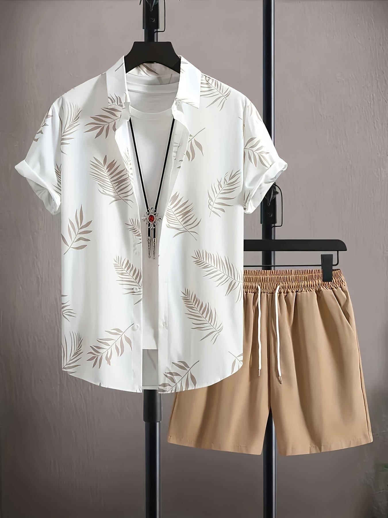 Men's leaf print button up shirt and drawstring shorts - casual summer outfit