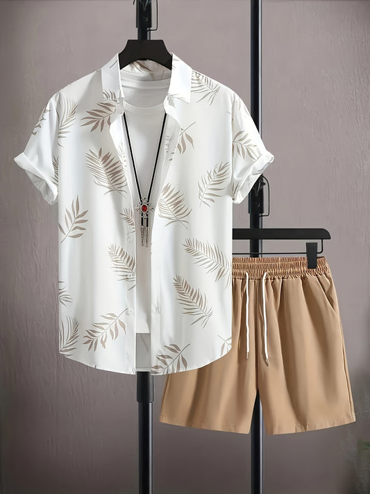 Men's leaf print button up shirt and drawstring shorts - casual summer outfit