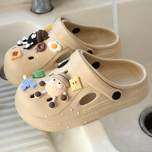 Beige EVA Clogs with Food & Cartoon Charms - Comfortable Slip-On Sandals for All Seasons, Easy to Clean