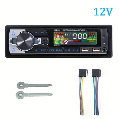 1 DIN car stereo with wireless remote, 60Wx4 FM receiver, AUX/USB/TF support, ISO interface, 12V/24V compatible.