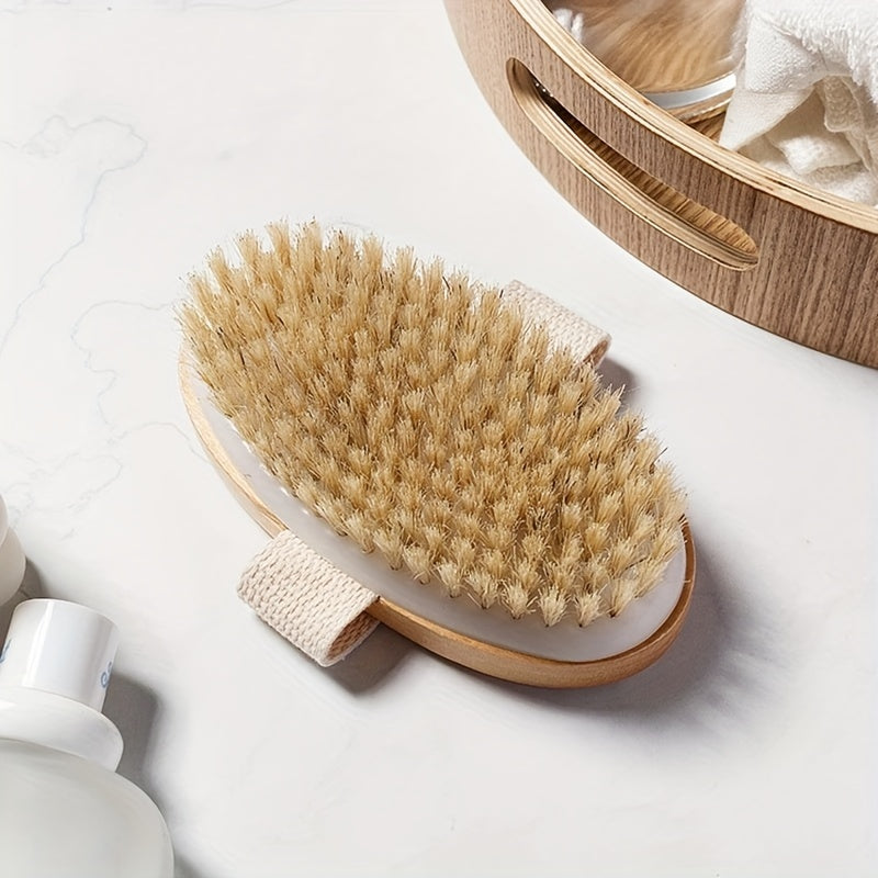 High-quality natural bristle body brush for gentle exfoliation, ideal for wet or dry skin. Handheld wooden design with soft dense bristles, no batteries needed. Perfect for a home spa