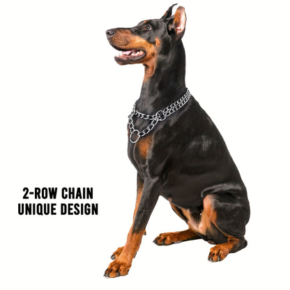 Adjustable stainless steel Cuban link dog collar for large, small, and medium dogs. Chew proof and double row chain design in silvery metal.