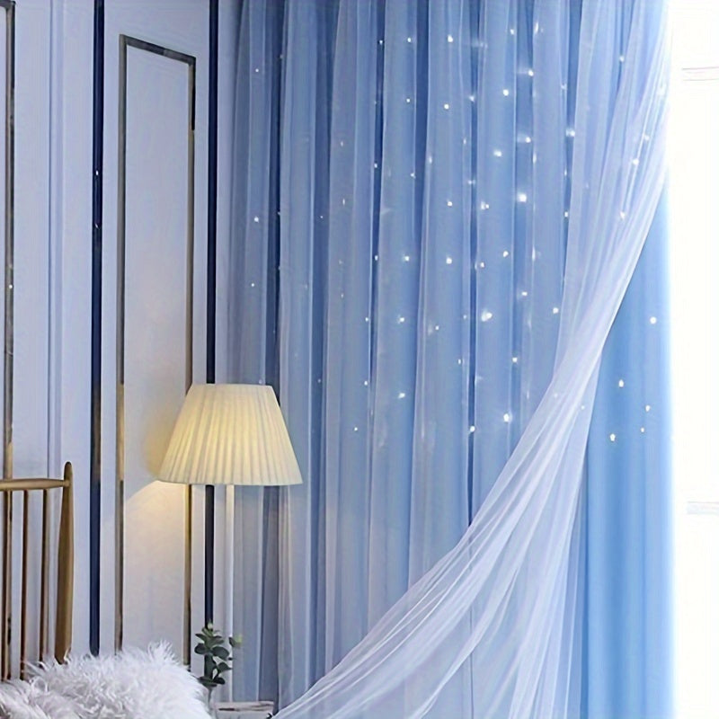 Upgrade your living space with our Modern Hollow Star Curtains. With two layers of soft, breathable fabric, they are perfect for adding a touch of elegance to your living room, bedroom, or study room decor.