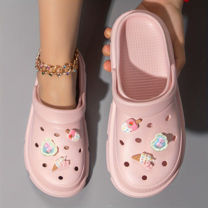 Women's cute cartoon clogs with round toe and breathable design for comfortable wear.