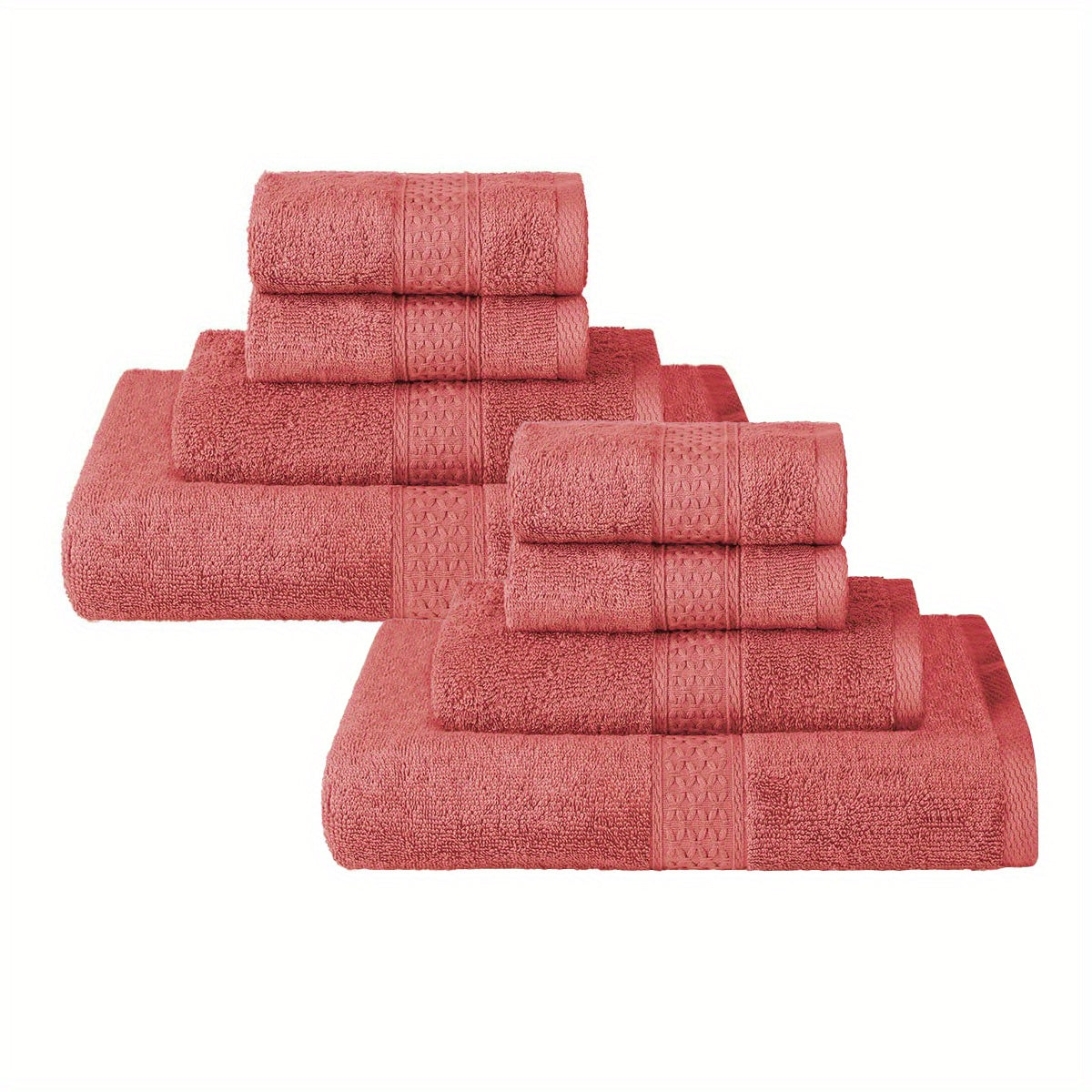 8-piece set of solid color towels, including 2 bath towels, 2 hand towels, and 4 washcloths. Soft, absorbent, and ideal for bathroom use.