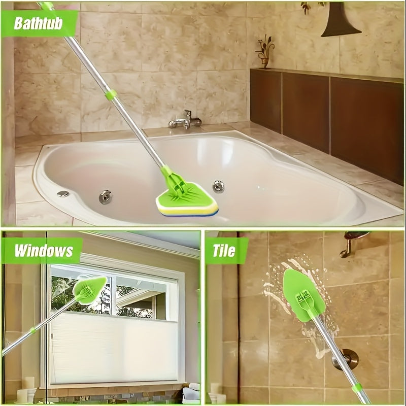 Three-piece set of long-handled shower cleaning brushes, including an extendable brush, one sponge brush head, and one hard brush. Ideal for cleaning bathrooms, toilets, bathtubs, kitchen walls, and windows. Versatile cleaning supplies for multi-purpose