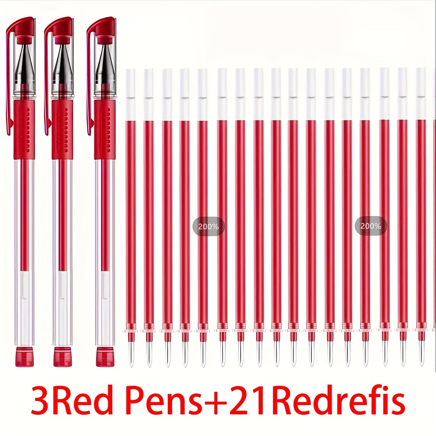 24 ergonomic glossy gel pens with a 0.5 mm fine tip, available in black, blue, and red colors. Ideal for school and office use.