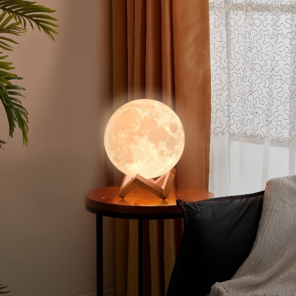 Moon night light for girls with wooden base, 2 control methods (remote and touch), rechargeable with 128 colors, 12cm diameter. Perfect gift for holidays and special occasions.