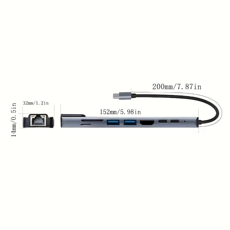 Compact USB-C Hub with 8 functions including 4K HDTV, Ethernet, USB 3.0, PD Fast Charge & SD/TF Card Reader - Compatible with MacBook Pro/Air, iPad Pro, XPS, and Compact Desk.