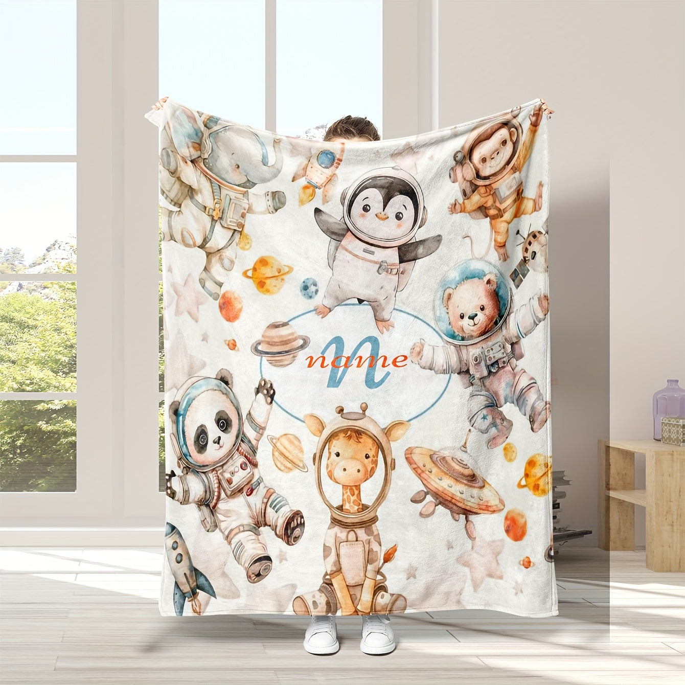 Personalized Astronaut Animal Flannel Fleece Blanket - Customize with Any Name - Space-Themed Cozy Throw for Boys, Kids, and Friends - All-Season Reversible Digital Print Bedding for Camping, Sofa, or Office - Made from Machine Washable Lightweight