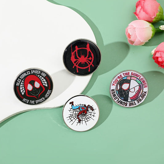 Spider-Man Enamel Pin Set - Set of 4 Stylish Cartoon Brooches, Circular Metal Badges for Clothes & Bags