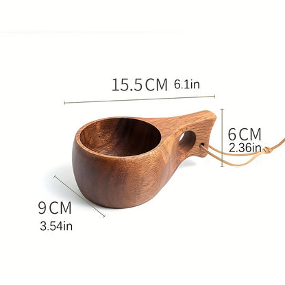 Handmade acacia wood coffee mugs with rope handle, perfect for camping and kitchen use.