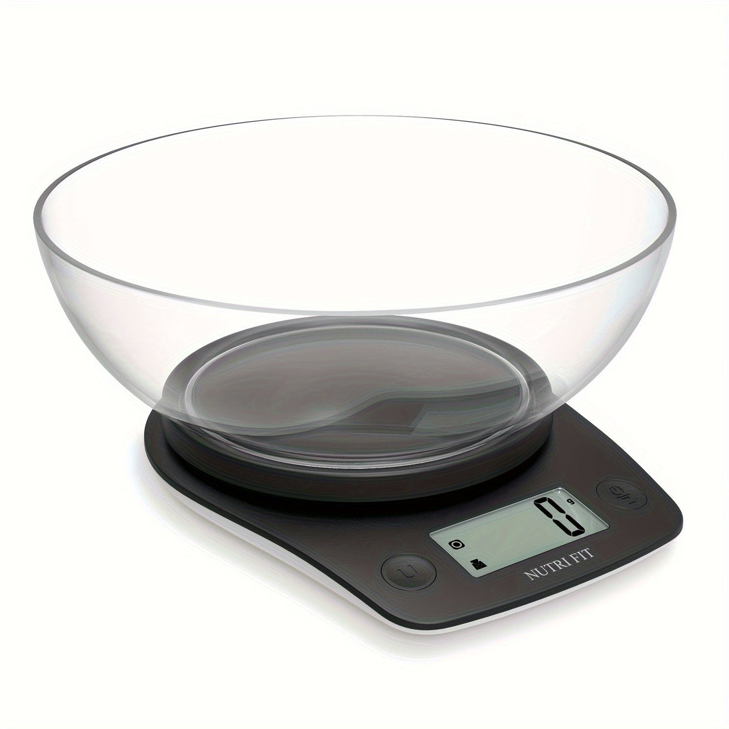 The NUTRI FIT digital kitchen scale offers high precision weighing up to 11lb with 1g accuracy. Ideal for cooking, baking, and weight loss, this scale includes a bowl tare feature and clear LCD display for easy use. It is powered by AAA batteries (not