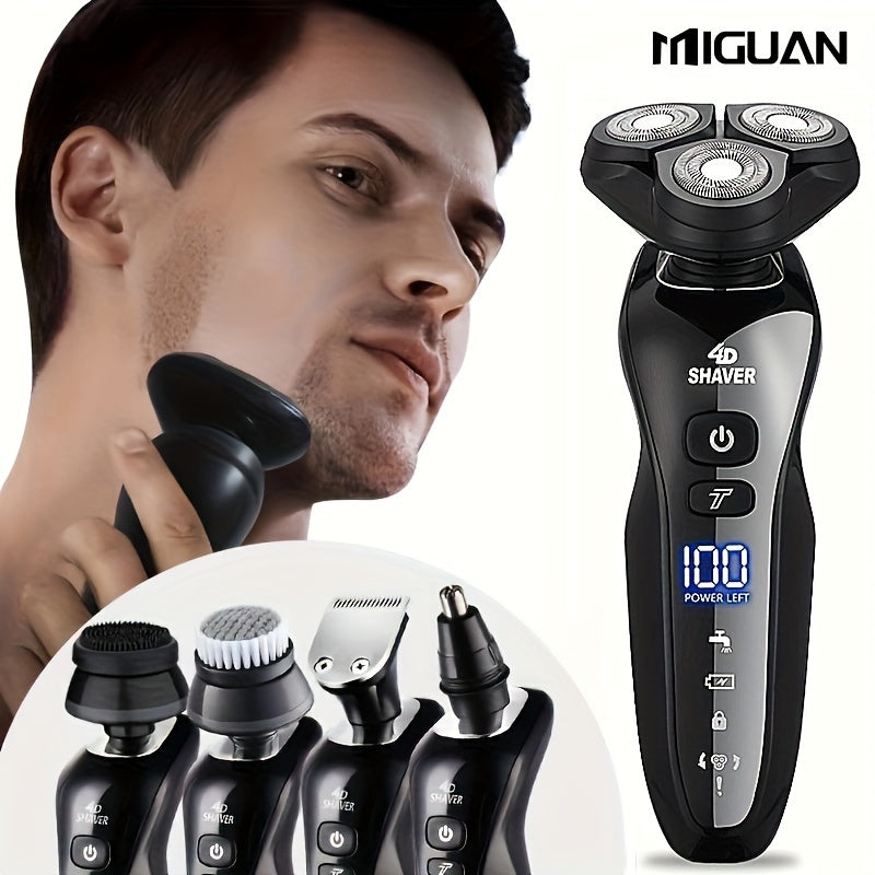 Men's electric razor with rechargeable beard trimmer, nose and sideburn trimmer, face cleaning brush, and grooming kit - perfect Father's Day gift.