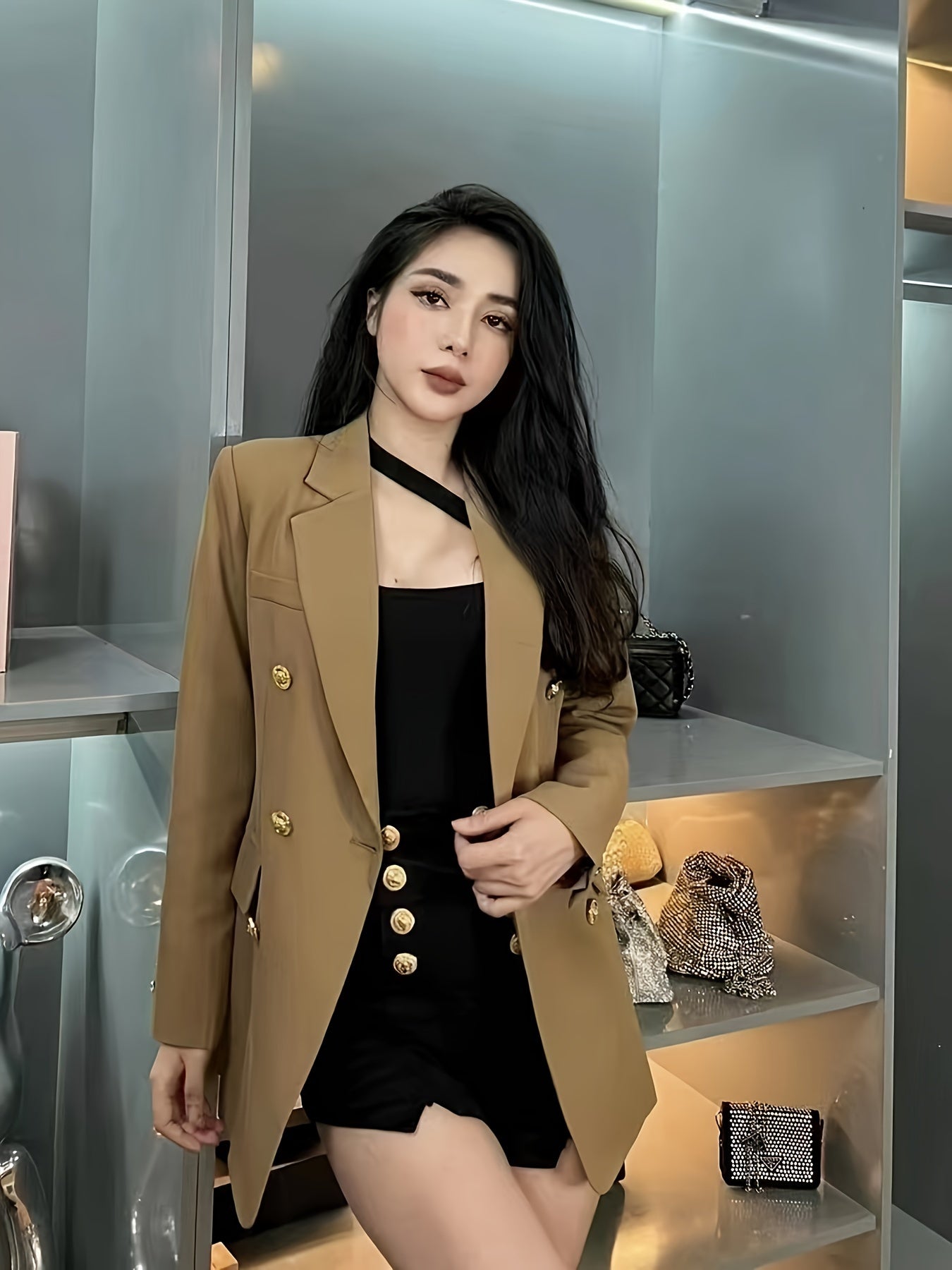 Women's double-breasted blazer with notched lapel for office and work.