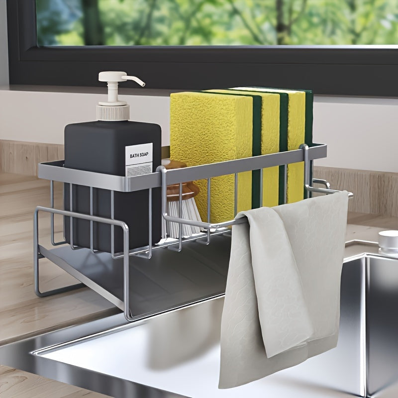 Versatile Kitchen & Bathroom Faucet Caddy with Sponge and Cloth Holder - Made of Strong Plastic, Battery-Free, Stylish Stainless Steel Appearance