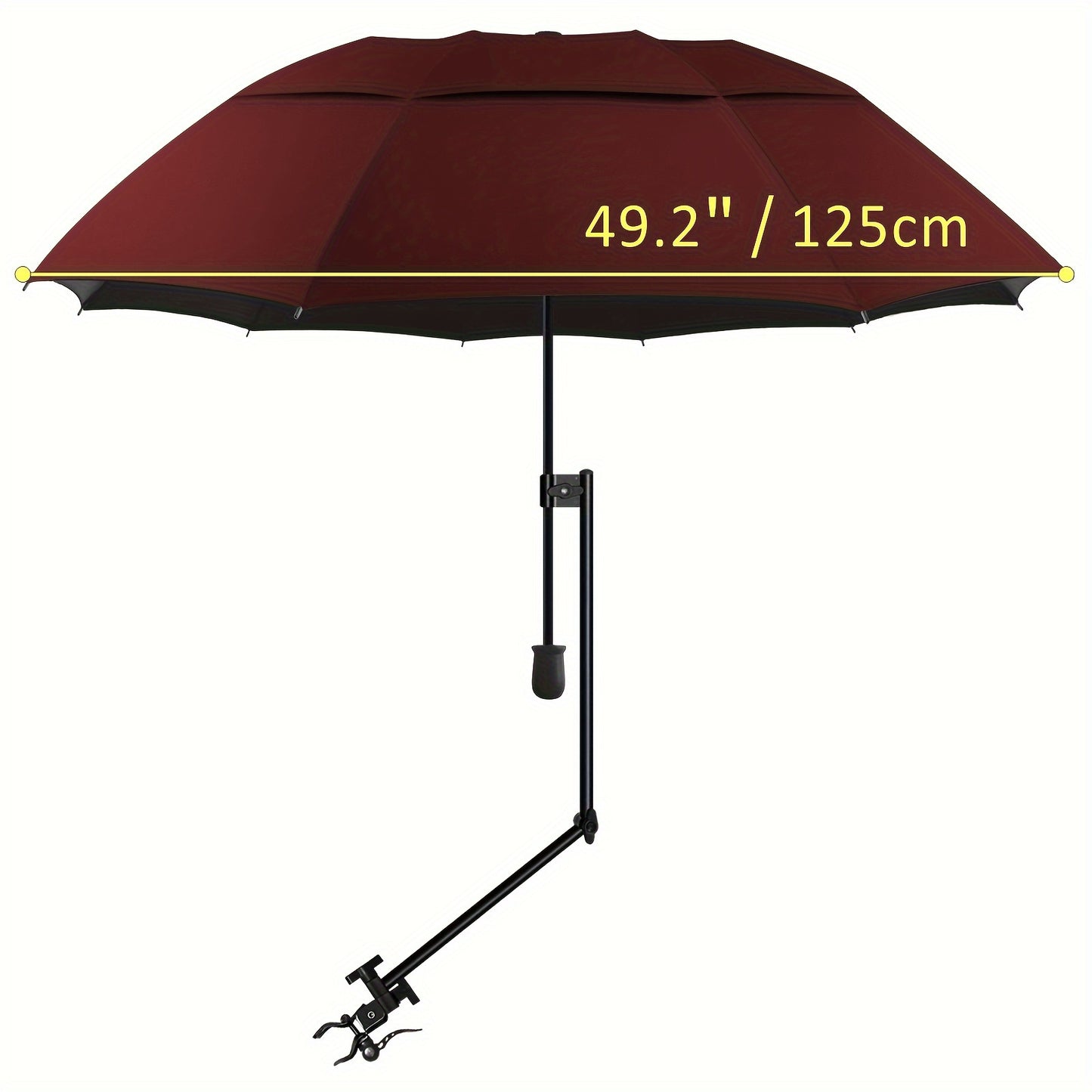 Portable sun umbrella with UPF50+ protection, adjustable clamp, manual open/close, UV-resistant polyester fabric, iron shaft - ideal for beach chair, golf cart, stroller.