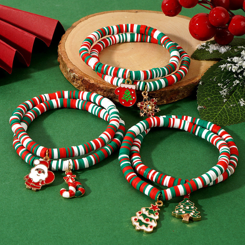 Get ready for the holiday season with this festive Christmas Charm Bracelet Set! Each set includes 10pcs of adjustable bracelets made with elastic polymer clay beads featuring Santa, snowflake, and tree designs. These bracelets are perfect for holiday