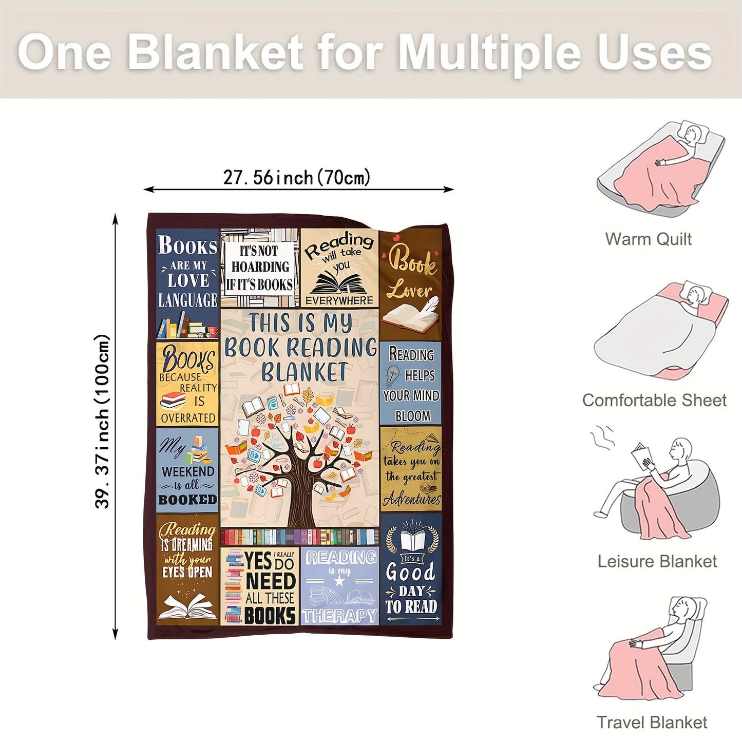 Bookworms and book managers alike will love this 1-piece printed blanket. It's the perfect gift for reading lovers, great for cozying up at home or on the go. This soft and warm blanket is ideal for lounging on the couch, bed, or even using as a lunch