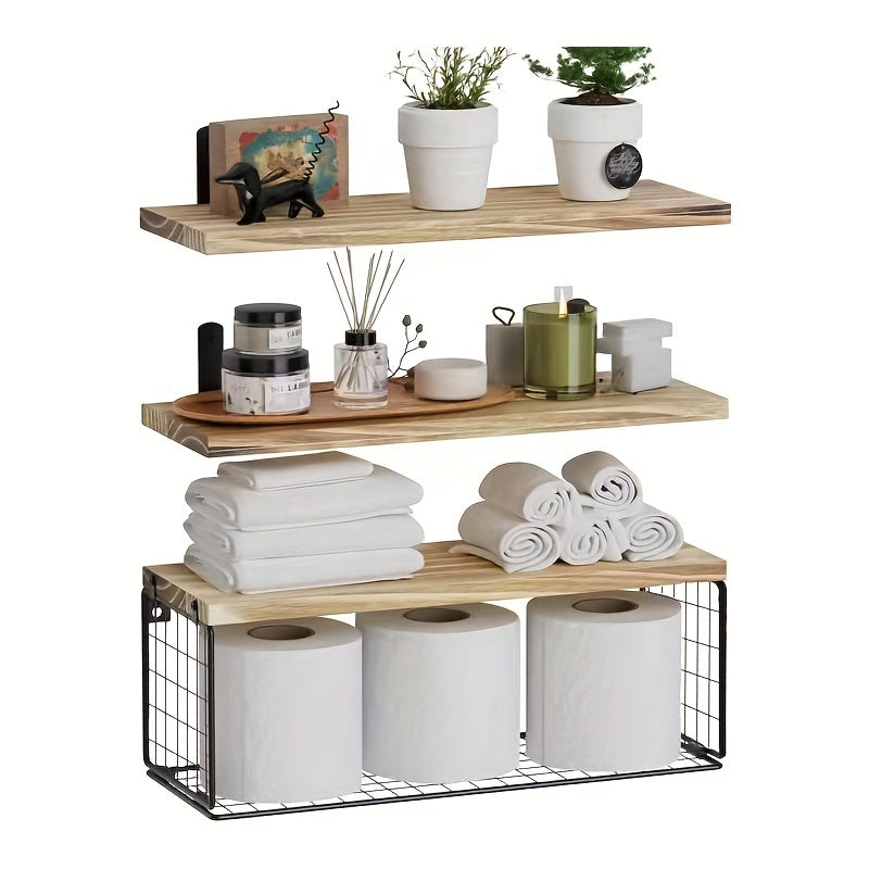 Wooden floating storage rack with paper towel and toilet paper baskets for bathroom organization and country home decor.