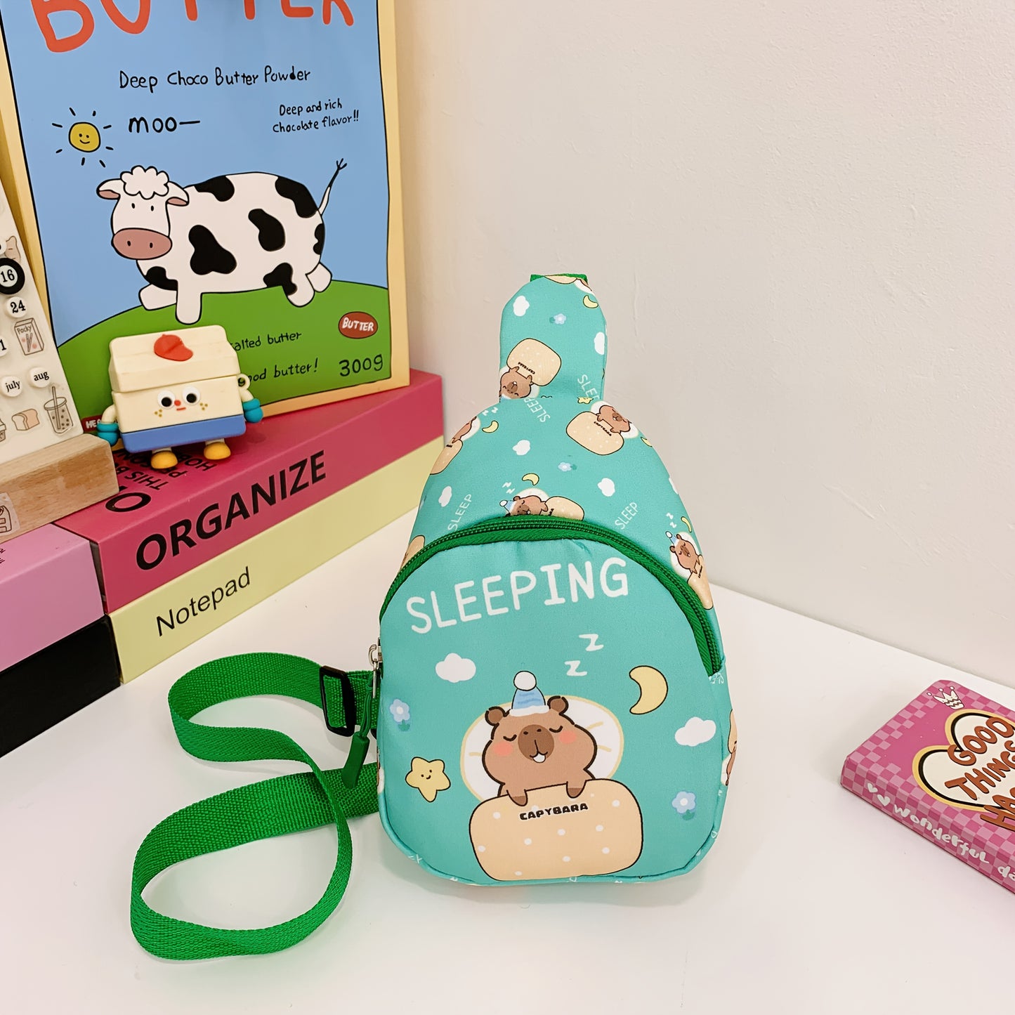 Sweet Capybara print crossbody bag with detachable coin purse, zipper closure, adjustable strap for kids and teens - great for travel, hiking, cycling - perfect birthday present.