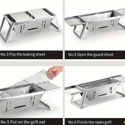 1 set of stainless steel outdoor charcoal grill, small folding carbon skewer stove for household use, also suitable for BBQ.