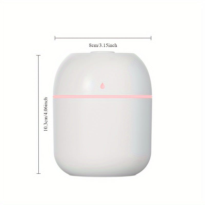 Compact USB-powered mini humidifier with quiet operation, portable design, and colorful LED lights for various settings. Features heavy fog, two-level output, and one-touch control. Ideal