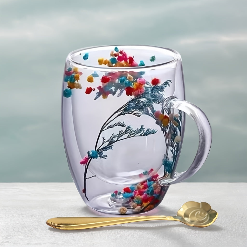 Set of 2 Floral Double-Wall Glass Mugs with Spoons, 11.83 oz Each, Non-Toxic and Durable, Hand Wash Recommended, Suitable for a Variety of Hot Beverages, Great for Home Entertaining and Gift-Giving on Special Occasions like Christmas, Thanksgiving