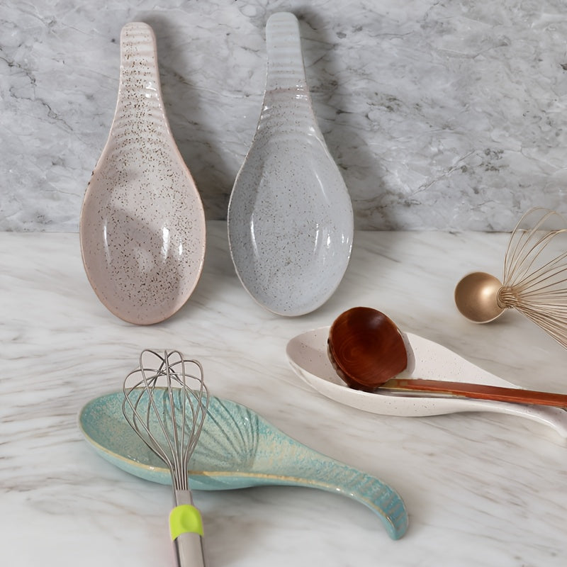 A single piece Ceramic Spoon Rest, beautifully handcrafted Soup Ladle Holder, featuring a Modern Country Style design. Perfect for organizing kitchen utensils, this European Vintage Creative Reaction Glaze piece comes with a practical Ladle Stand for