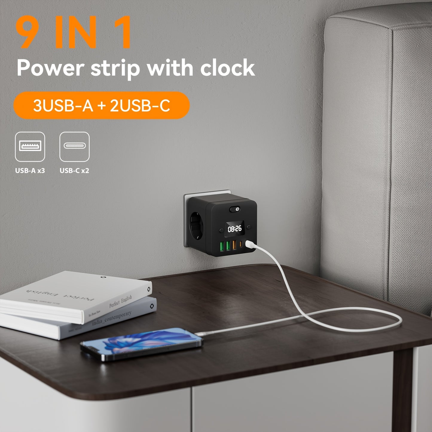 9 in 1 Power Strip with Clock - European Standard Plug Wall Outlet Splitter: 5 USB Ports (2 USB-C), 3 Sockets, Surge Protection & On/Off Switch. Ideal for Home, Office, Travel.