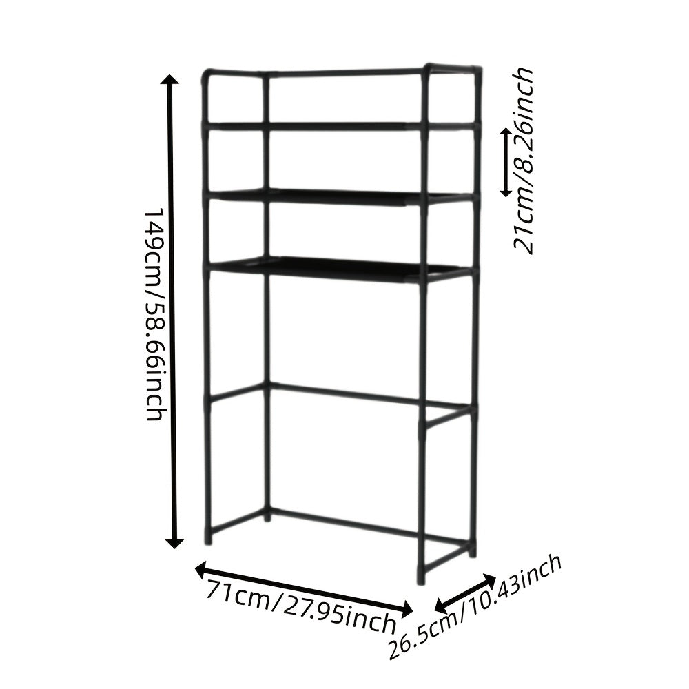 Space-saving metal and plastic laundry shelf designed for the top of washing machines. No-drill installation required. Can also be used as a free-standing bathroom or balcony organizer. Perfect for drying clothes without the need for electricity. Keep