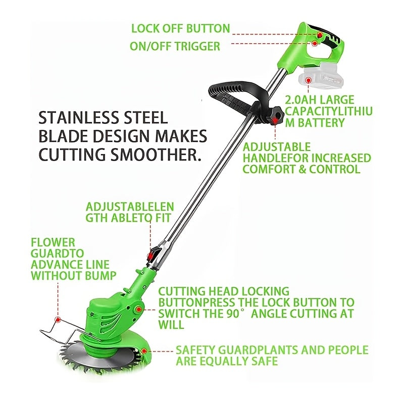 BILIJAMY Cordless Lawn Mower Kit, includes Weed Whacker and 3 blade types, with safety goggles and charging cable. Ideal for yard, shrub, and branch trimming.