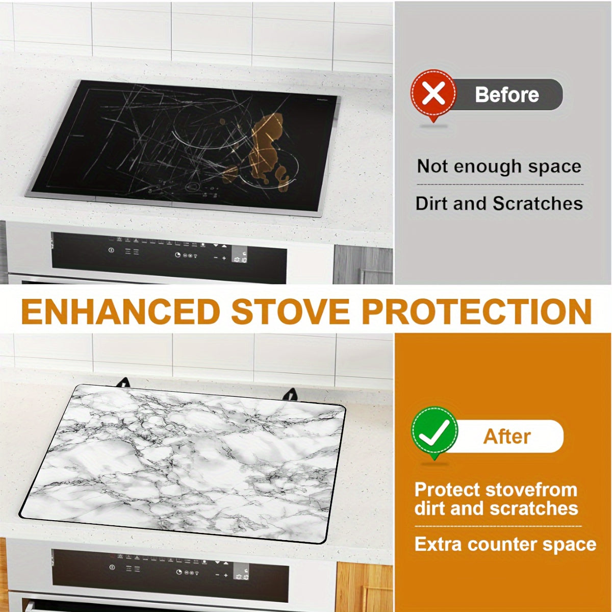 Extra large stove top cover for electric stoves measuring 28.5x20.5 inches (72.5x52cm). This anti-slip waterproof mat is designed to protect glass stove tops from scratches and acts as a flat top oven cover. Additionally, it can be used as a multipurpose