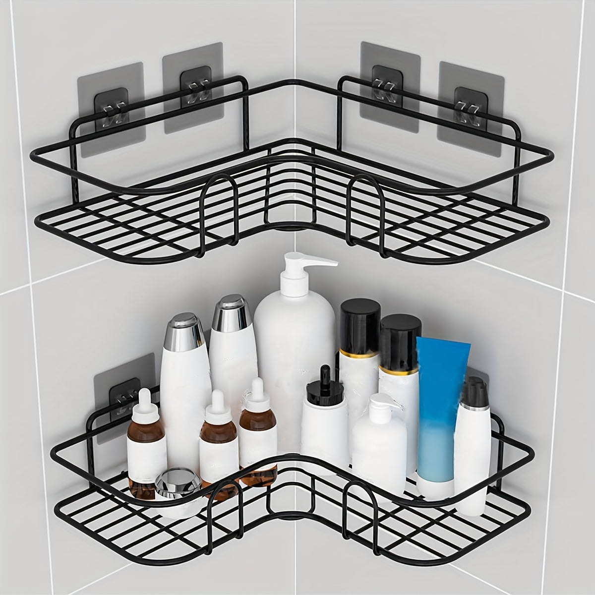 Wall mounted bathroom storage rack for organized bathroom accessories without punching holes.