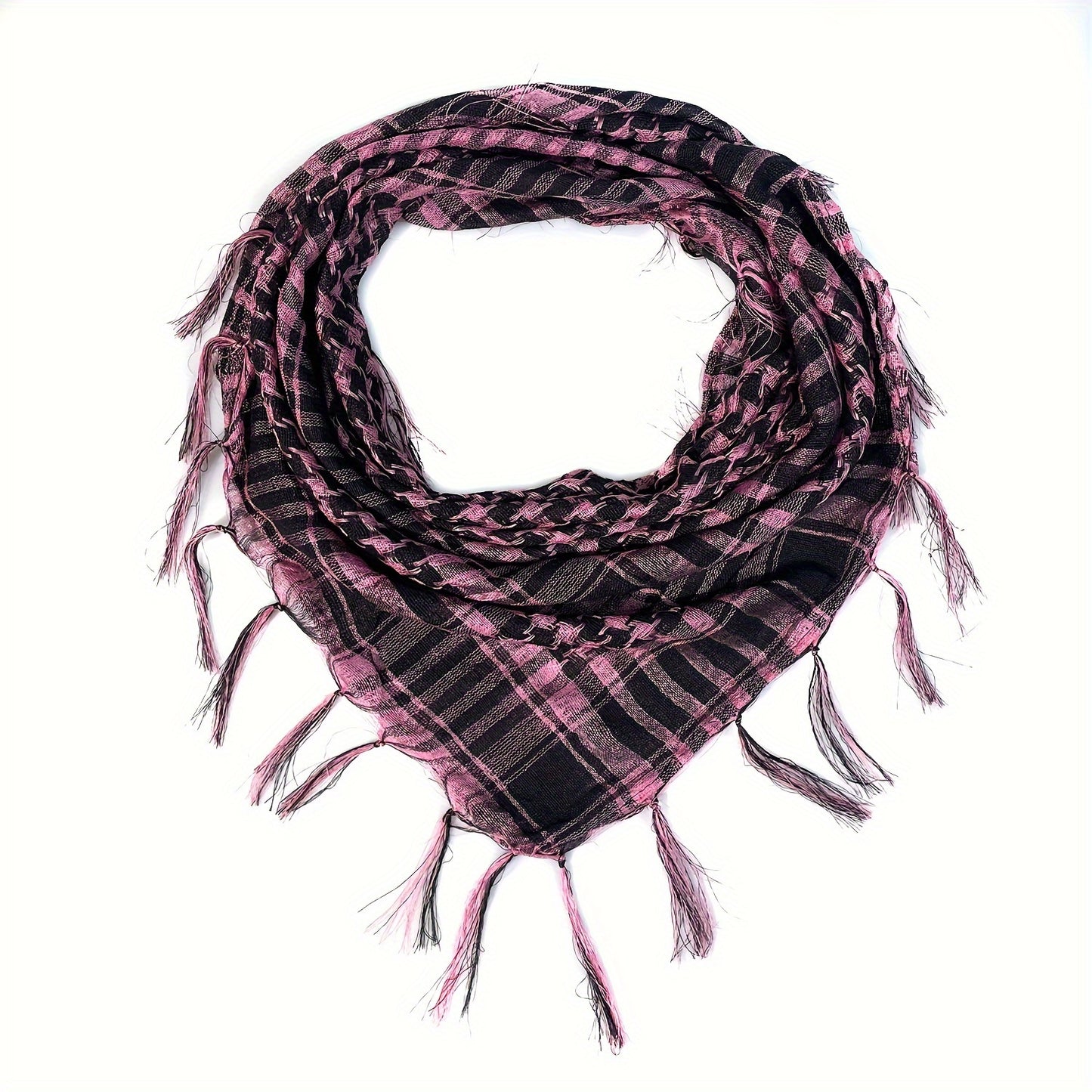 Lightweight Tactical Plaid Scarf - Windproof, Sand-Proof, All-Season Polyester Neck Warmer with Fringe Detail.