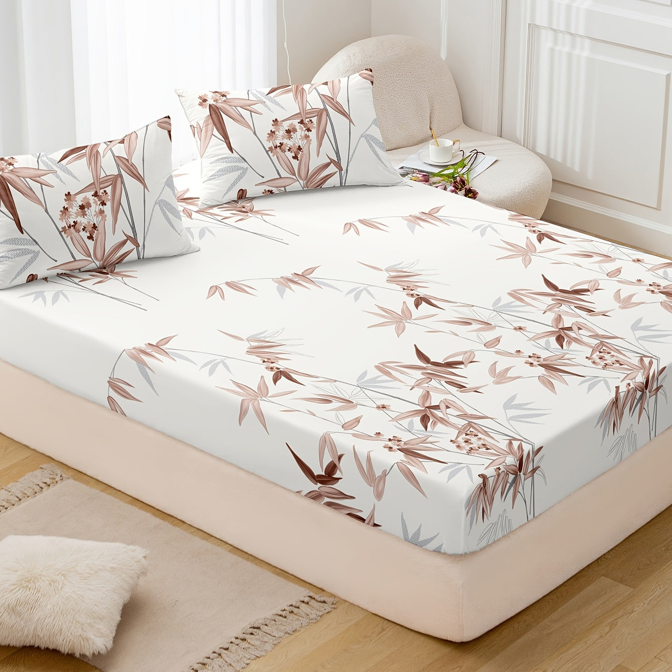 Set of 3 Plant Printed Fitted Sheets - Luxuriously Soft and Breathable Bedding for Bedroom and Guest Room, including 1 Fitted Sheet and 2 Pillowcases.