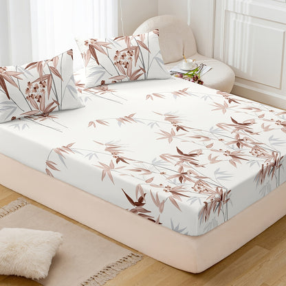 Set of 3 Plant Printed Fitted Sheets - Luxuriously Soft and Breathable Bedding for Bedroom and Guest Room, including 1 Fitted Sheet and 2 Pillowcases.