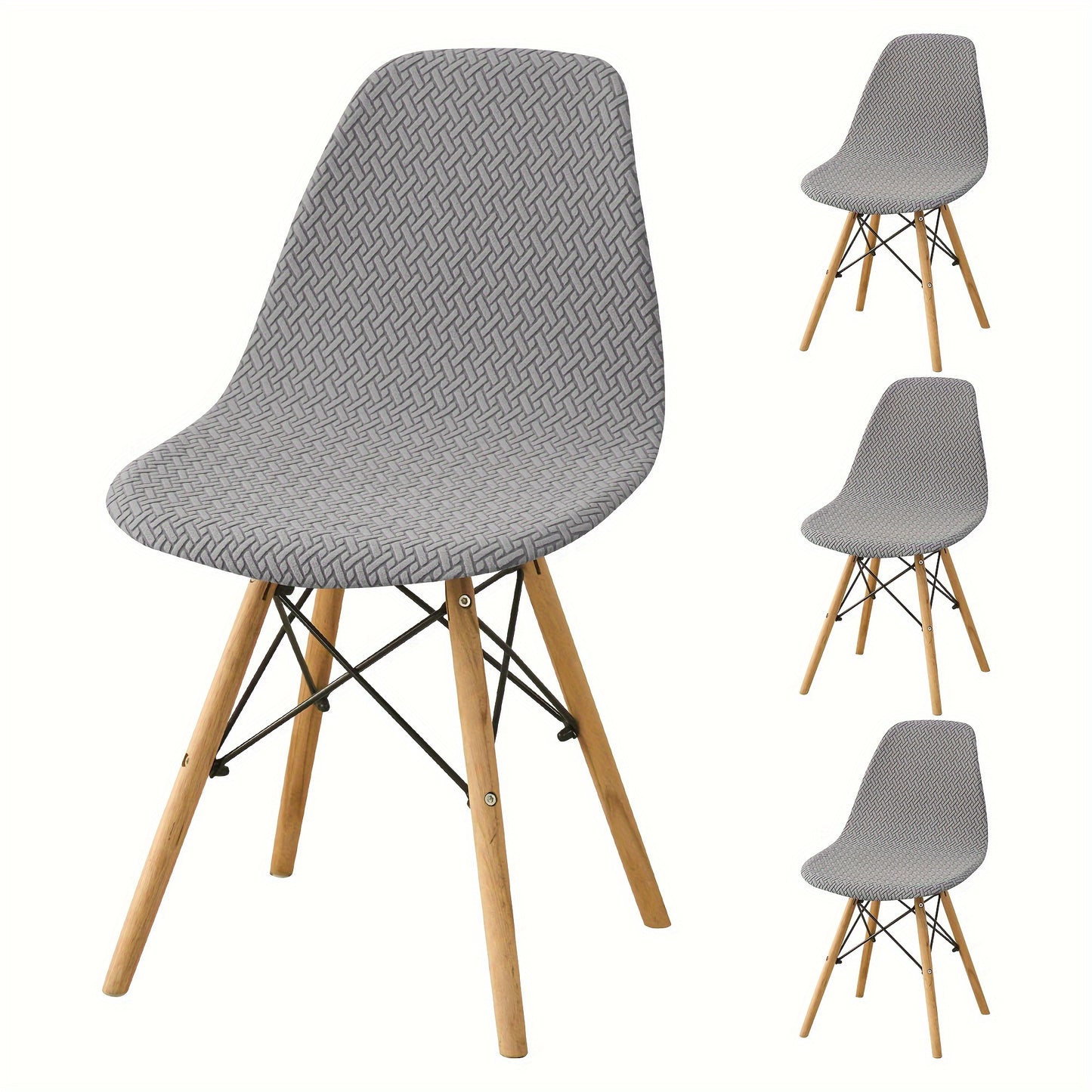 6 contemporary chair covers for dining chairs in a shell style, made from a stretchy polyester-spandex blend. Easy to clean in the washing machine with an elastic band closure and slipcover-grip design, perfect for home or hotel use.