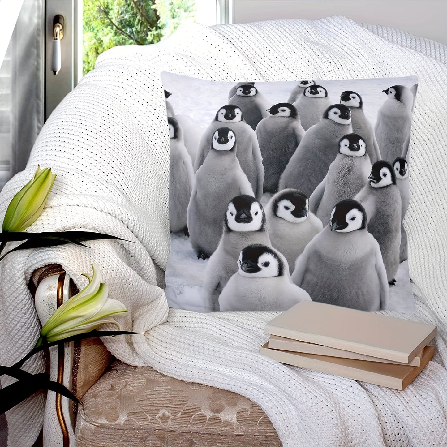 Decorative throw pillow cover featuring cute gray penguins, perfect for winter holidays. Made of soft material, this square cushion cover measures 45.72 x 45.72cm and is ideal for your home couch or sofa bed.