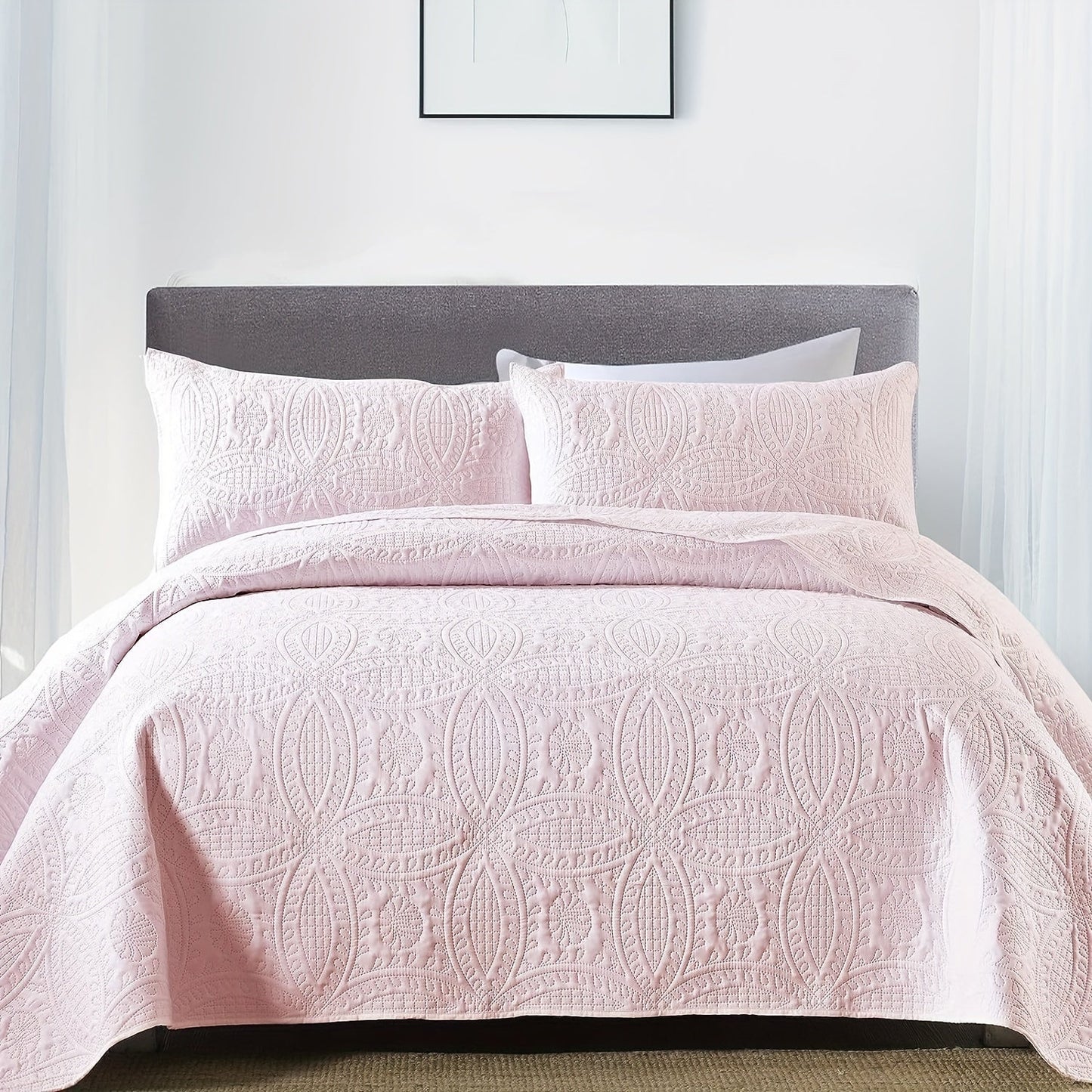 Comfortable and airy three-piece bedspread set featuring Soundwave technology and embossed circles design. Set includes one bedspread and two pillowcases, ideal for adding a touch of summer comfort to your bedroom or dorm decor. The perfect addition to