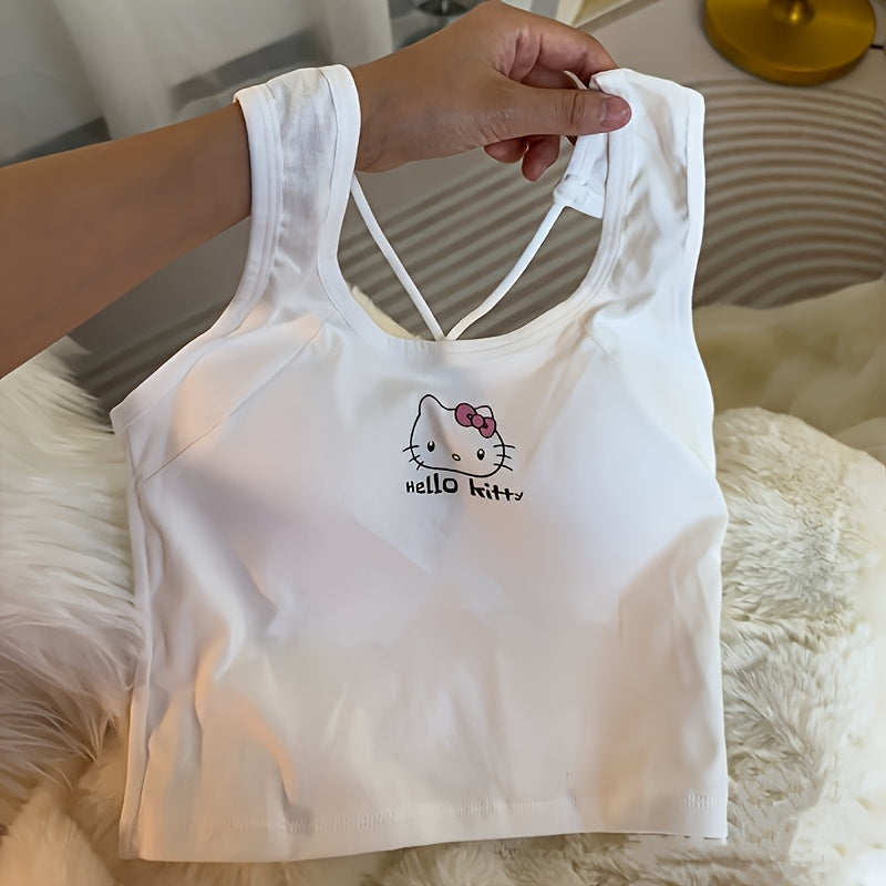 1pc Sanrio Hello Kitty Anime-Themed Sleeveless Cropped Top made of 94% Cotton and 6% Spandex, Machine Washable, White with Pink Hello Kitty Design, Perfect for Casual Summer Fashion and